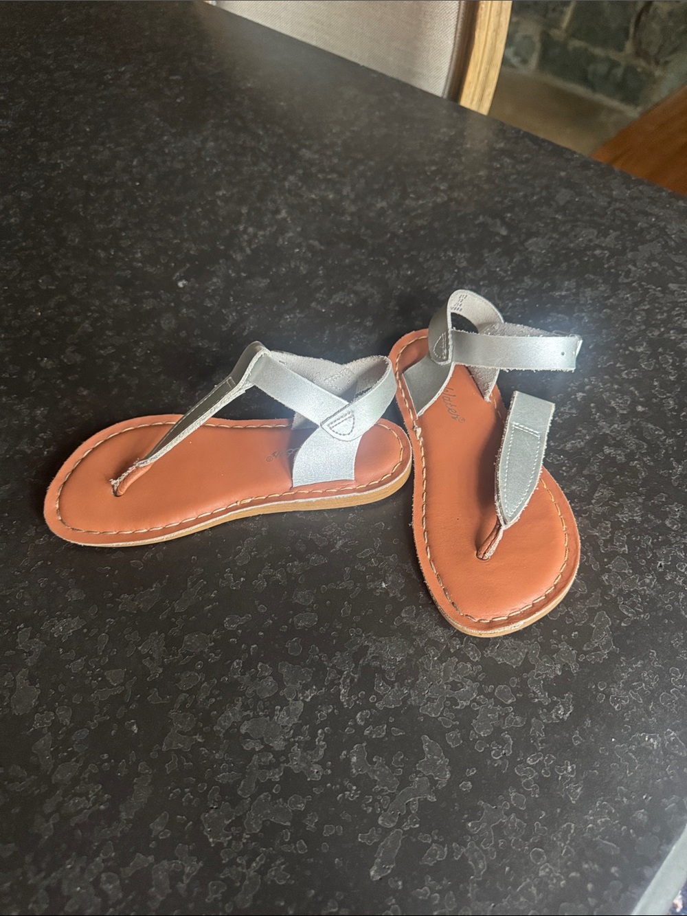 Salt Water Sandals by Hoy Silver T-Strap Kids Sandals with Tan Footbed